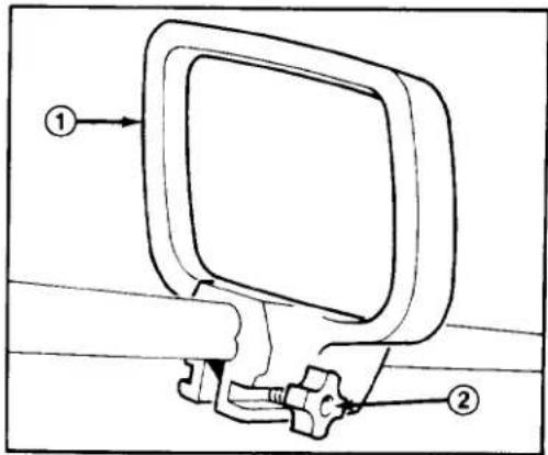 Technical diagram showing a mechanical assembly with labeled parts ① and ②, including a central screen and clamp mechanism.