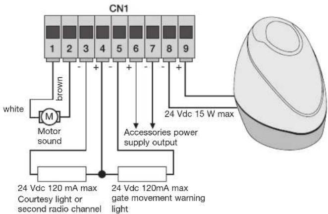 CN1 1 2 3 4 5 6 7 8 9 brown white Motor sound 24 Vdc 120 mA max Courtesy light or second radio channel 24 Vdc 120mA max gate movement warning light Accessories power supply output 24 Vdc 15 W max