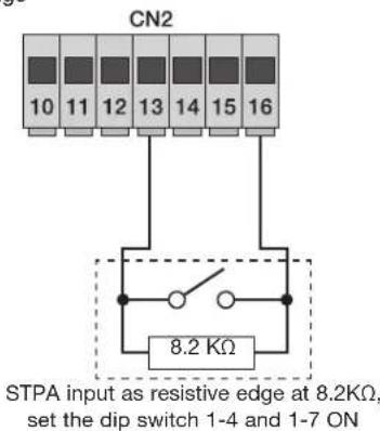 CN2 10 11 12 13 14 15 16 8.2 KΩ STPA input as resistive edge at 8.2KΩ, set the dip switch 1-4 and 1-7 ON