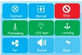 Filament Manual Stop Preheating LED light Leveling Fan Sound Back