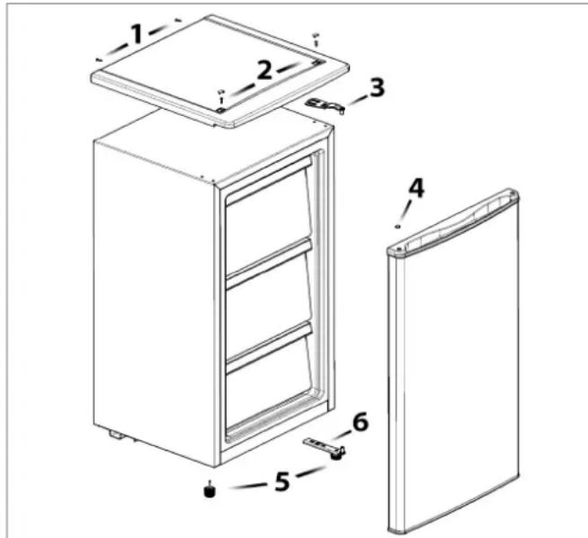 Technical diagram of a refrigerator with numbered parts for identification