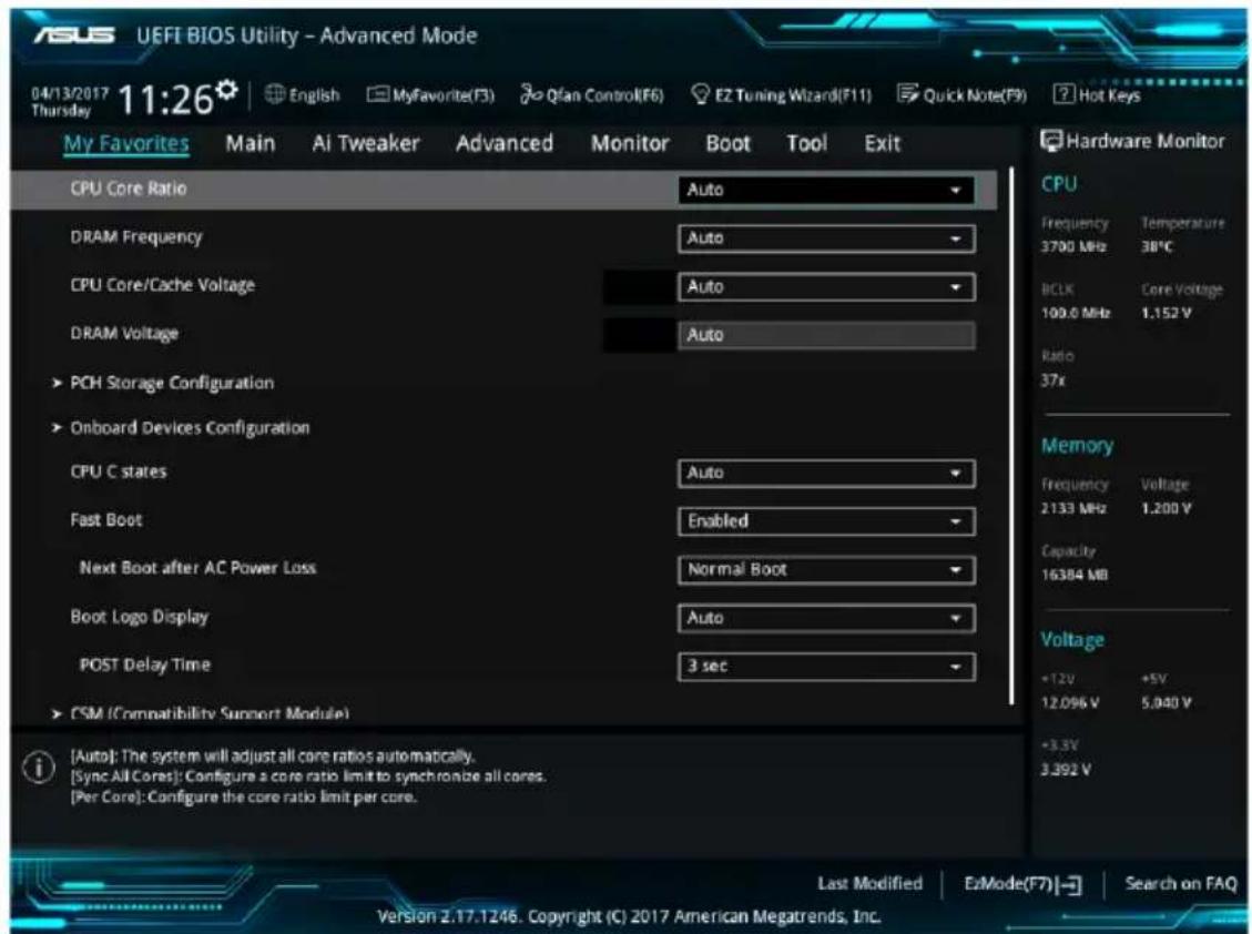 ASUS UEFT BIOS Utility - Advanced Mode 04/13/2017 11:26 English MyFavorite(F3) Qfan Control(F6) EZ Tuning Wizard(F11) Quick Note(F9) Hot Keys My Favorites Main AI Tweaker Advanced Monitor Boot Tool Exit CPU Core Ratio Auto DRAM Frequency Auto CPU Core/Cache Voltage Auto DRAM Voltage Auto PCH Storage…