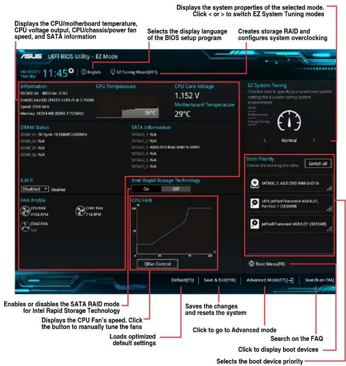 Displays the system properties of the selected mode. Click < or > to switch EZ System Tuning modes Displays the CPU/motherboard temperature, CPU voltage output, CPU/chassis/power fan speed, and SATA information Selects the display language of the BIOS setup program Creates storage RAID and configure…