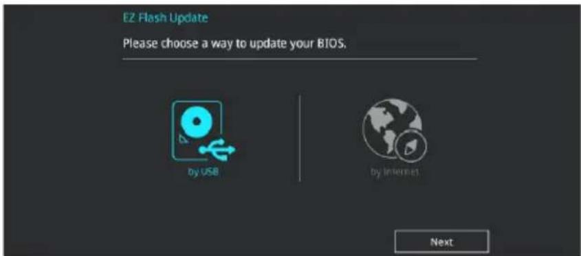 EZ Flash Update Please choose a way to update your BIOS. by USB by Internet Next
