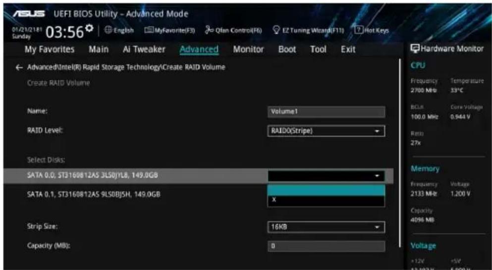 UEFI BIOS Utility - Advanced Mode 01/21/2181 03:56 English MyFavorite(F3) Qfan Control(F6) EZ Tuning Wizard(F11) Hot Keys My Favorites Main Ai Tweaker Advanced Monitor Boot Tool Exit AdvancedIntel(R) Rapid Storage Technology\Create RAID Volume Create RAID Volume Name: Volume1 RAID Level: RAID0(Strip…