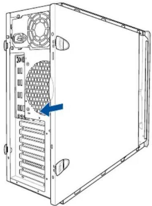 Technical line drawing of a server rack with ventilation slots and a blue arrow indicating a component (no text or symbols present)