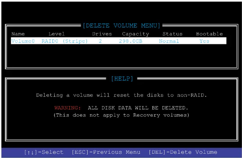 [DELETE VOLUME MENU] Name Level Drives Capacity Status Bootable Volume0 RAID0 (Stripe) 2 298.0GB Normal Yes [HELP] Deleting a volume will reset the disks to non-RAID. WARNING: ALL DISK DATA WILL BE DELETED. (This does not apply to Recovery volumes) [↑↓]-Select [ESC]-Previous Menu [DEL]-Delete Volume