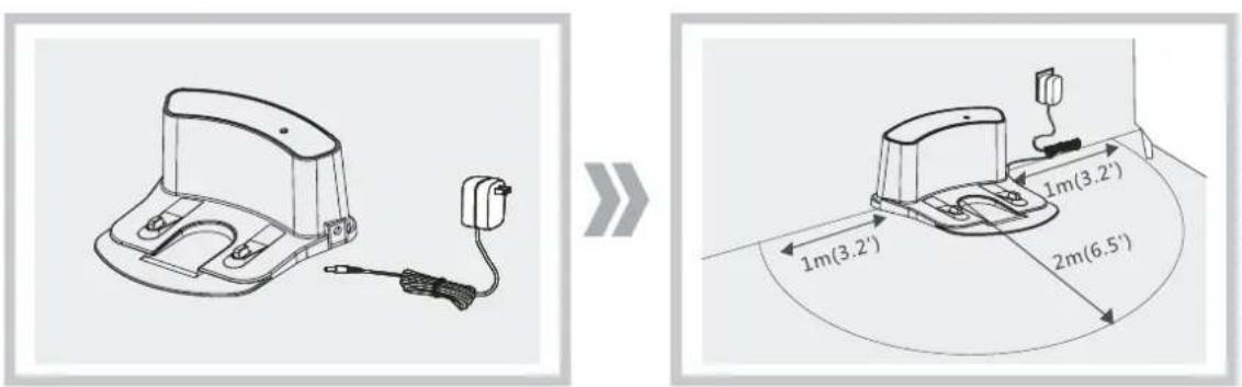 Technical diagram showing a device connected to a cable and connected to a power outlet, with dimensional annotations in millimeters.