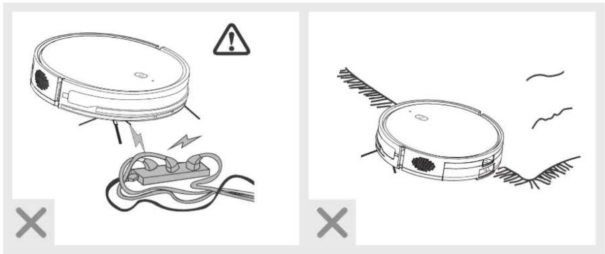 Diagram showing two robot cleaning scenarios: one with warning sign and cable, the other with clean surface and surface details.