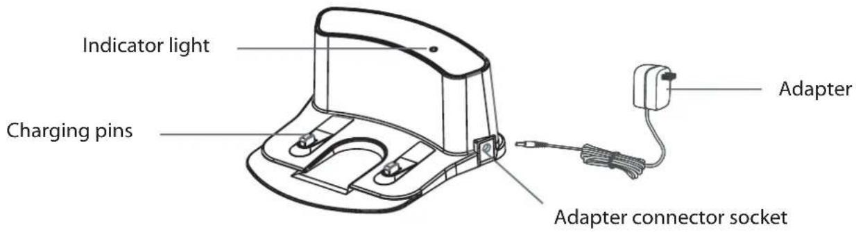 Indicator light Charging pins Adapter Adapter connector socket