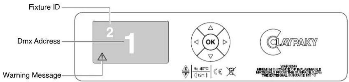 Fixture ID Dmx Address Warning Message 2 1 OK CLAYPAKY WARNING MINIMUM DISTANCE OF RITAMMABLE MATERIALS FROM THE SURFACE 0.2m THE EXTERNAL SURFACE 150 °C