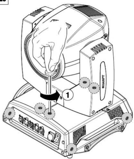 Technical diagram showing a hand operating a mechanical device with labeled parts and a numbered callout indicating step 1.