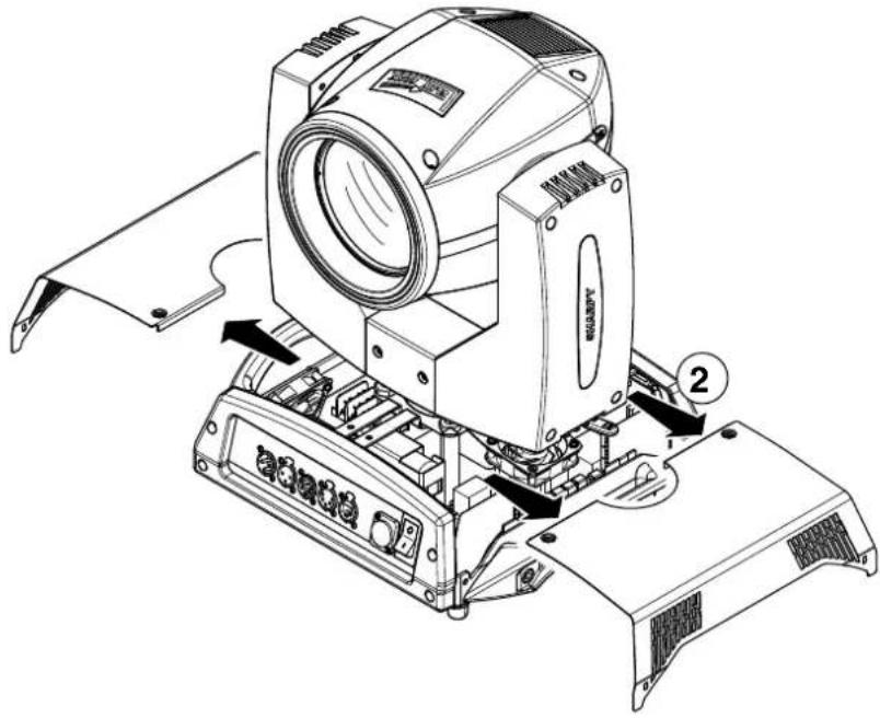 Technical diagram of a device with labeled parts and directional arrows indicating assembly or movement