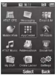 AT&T GPS messaging Email & M Mobile Web App order VR mobile AT&T Music AdvancedBook BazaarFert My Shift Online Lacker Settings Select Back