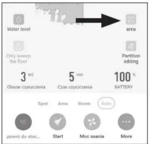 Water level area Only sweep the floor Partition editing 3 m2 Obizar czyszczenia 5 min Czas czyszczenia 100 % BATTERY Spot Area Room Auto powró do sta... Start Moc asania More