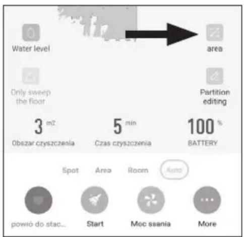 Water level area Only sweep the floor Partition editing 3 m² Obizar czyszczenia 5 min Czas czyszczenia 100 % BATTERY Spot Area Room Auto powró do stac... Start Moc ssania More