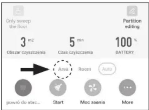 Only sweep the floor 3 m2 Obszar czyszczenia 5 min Czas czyszczenia 100 % BATTERY Partition editing Area Room Auto powró do stac... Start Moc ssania More
