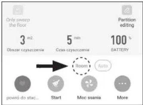 Only sweep the floor 3 m2 Obazar czyszczenia 5 min Czas czyszczenia 100 % BATTERY Partition editing Room Auto powró do stac... Start Moc ssania More