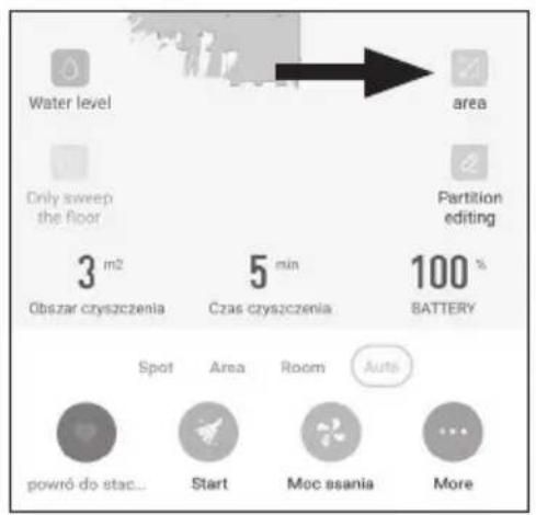 Water level area Only sweep the floor Partition editing 3 m² Obszar czyszczenia 5 min Czas czyszczenia 100 % BATTERY Spot Area Room Auto powró do stac... Start Moc ssania More