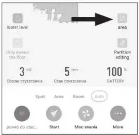 Water level area Only sweep the floor Partition editing 3 m² Obszar czyszczenia 5 min Czas czyszczenia 100 % BATTERY Spot Area Room Auto powró do stac... Start Moc ssania More