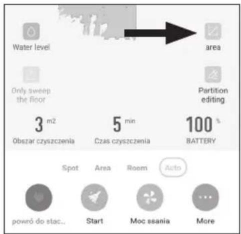 Water level area Only sweep the floor Partition editing 3 m² Obszar czyszczenia 5 min Czas czyszczenia 100 % BATTERY Spot Area Room Auto powró do stac... Start Moc seania More