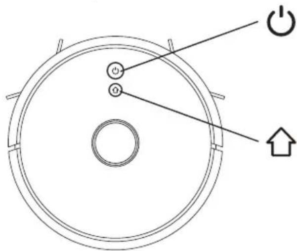 Diagram of a circular device with labeled components and directional arrows, including a power button and an arrow indicator.
