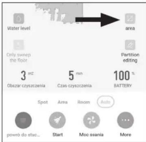 Water level area Only sweep the floor Partition editing 3 mZ Obszar czyszczenia 5 min Czas czyszczenia 100 % BATTERY Spot Area Room Auto powró do sta... Start Moc saania More