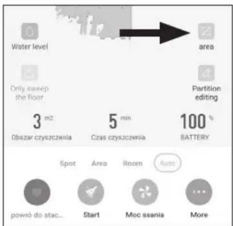 Water level area Only sweep the floor Partition editing 3 m2 Obszar czyszczenia 5 min Czas czyszczenia 100 % BATTERY Spot Area Room Auto powró do stac... Start Moc ssania More