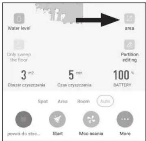 Water level area Only sweep the floor Partition editing 3 m2 Obszar czyszczenia 5 min Czas czyszczenia 100 % BATTERY Spot Area Room Auto powró do stac... Start Moc ssania More
