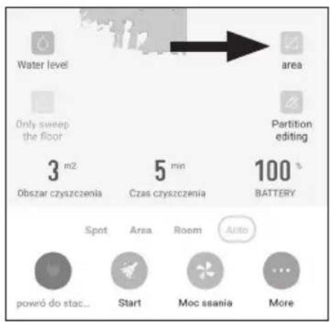 Water level area Only sweep the floor Partition editing 3 m2 Obszar czyszczenia 5 min Czas czyszczenia 100 % BATTERY Spot Area Room Auto powró do stac... Start Moc ssania More