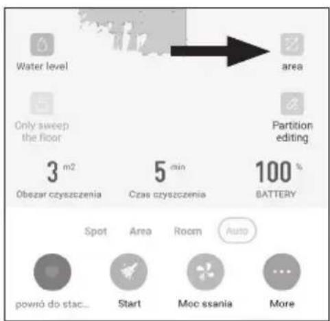 Water level area Only sweep the floor Partition editing 3 m2 Obizar czyszczenia 5 min Czas czyszczenia 100 % BATTERY Spot Area Room Auto powró do stac... Start Moc ssania More