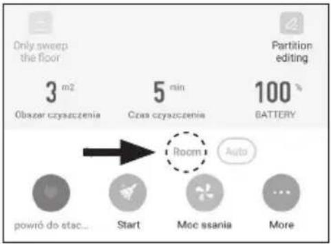 Only sweep the floor 3 m2 Obszar czyszczenia 5 min Czas czyszczenia 100 % BATTERY Partition editing Room Auto powró do stac... Start Moc ssania More
