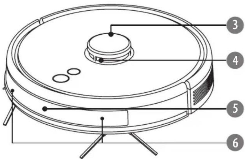Technical diagram of a robotic vacuum cleaner with numbered parts labeled 3 through 6