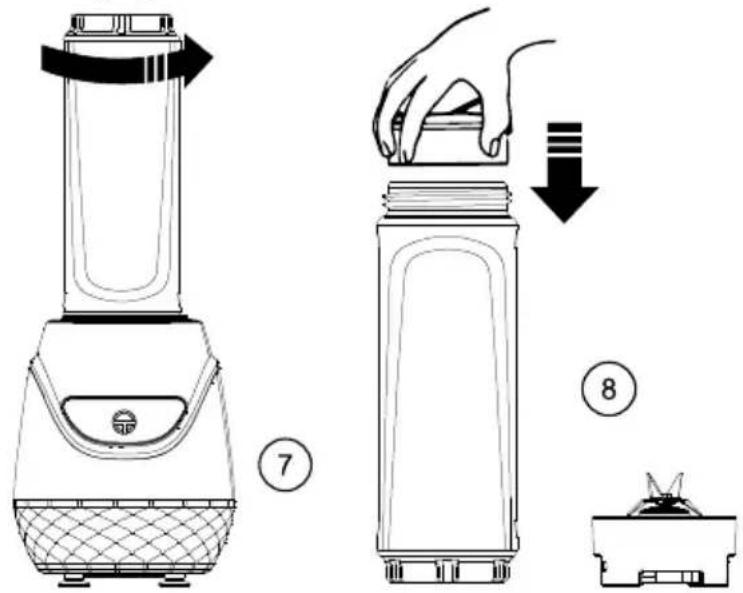 Technical diagram showing a blender with labeled steps and component details, including a hand pressing the lid.