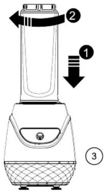 Diagram of a blender with labeled parts and directional arrows indicating motion or movement.