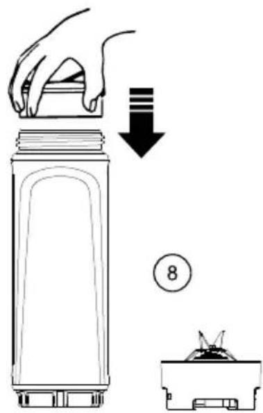 Diagram showing a hand holding a lid down an arrow, with a numbered step and a small inset image of a container.