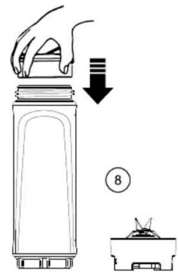 Diagram illustrating a hand pressing down on a bottle with a downward arrow and a numbered step labeled '8'