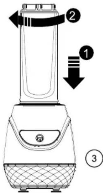 Diagram of a blender with labeled parts and directional arrows indicating motion or movement.