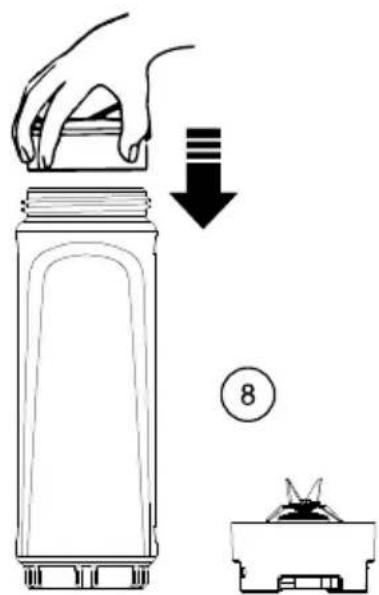 Diagram showing a hand pressing down on a bottle with a downward arrow, and a small container with a label '8' indicating part number.