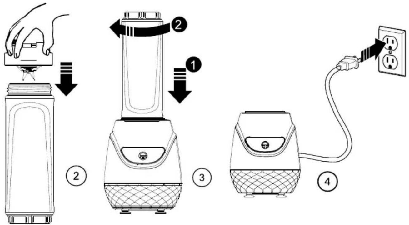 Diagram showing four steps of a blender tool: adding liquid, adjusting the blade, connecting to an electrical outlet.