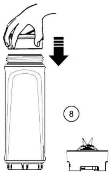 Diagram showing a hand pressing down on a bottle with a downward arrow, and a small container with a label '8' indicating step 8.
