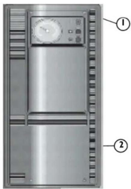 Technical diagram of a stainless steel rack cabinet with labeled parts ① and ②