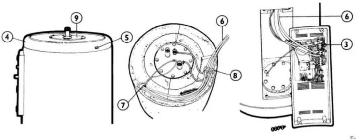 Technical diagram of a device with numbered components, showing internal wiring and assembly views