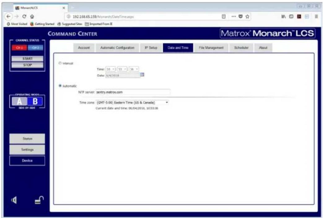 MonarchLCS 192.168.65.159/Monarch/DateTime.aspx Most Vistic Getting Started Suggested Sites Imported From E COMMAND CENTER Account Automatic Configuration IP Setup Data and Time File Management Scheduler About CHANNEL STATUS On 3 On 2 START STOP MANAL Time: 10 - 53 - 36 - Date: 6/4/10/18 Automatic NTP server: sentry.matrox.com Time zone: (GMT-5:00) Eastern Time (US & Canada) Current date and time: 06/04/2018, 10:53:36 OPERATING MODE A B SIDE BY SIDE Status Settings Device Matrox® Monarch™ LCS