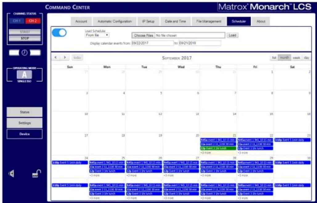 COMMAND CENTER Ch H CH 2 START STOP Load Schedule: From file Choose Files / No file chosen Load Display calendar events from: 09/22/2017 to: 09/21/2018 SEPTEMBER 2017 Sun Mon Tue Wed Thu Fri Sat 3 4 5 6 7 8 9 10 11 12 13 14 15 16 17 18 19 20 21 22 23 #4Sa event 1 945, 10 15 min #4Sa event 1 945, 10 15 min #4Sa event 1 945, 10 15 min #4Sa event 1 945, 10 15 min #4Sa event 1 945, 10 15 min #4Sa event 1 945, 10 15 min #4Sa event 11a event 2 11, 1130 30 min 11a event 2 11, 1130 30 min 11a event 2 11, 1130 30 min 11a event 2 11, 1130 30 min Up Event 3 3hr lunch Up Event 3 3hr lunch Up Event 3 3hr lunch Up Event 3 3hr lunch Up Event 3 3hr lunch +3 more +3 more +3 more +3 more +3 more #4Sa event 1 945, 10 15 min #4Sa event 1 945, 10 15 min #4Sa event 1 945, 10 15 min #4Sa event 1 945, 10 15 min #4Sa event 1 945, 10 15 min #4Sa Event 5 train only #4Sa event 2 11, 1130 30 min #4Sa event 2 11, 1130 30 min #4Sa event 2 11, 1130 30 min #4Sa event Up Event 3 3hr lunch Up Event 3 3hr lunch Up Event 3 3hr lunch Up Event 3 3hr lunch Up Event 3 3hr lunch +3 more +3 more +3 more +3 more +3 more #4Sa event 2 11, 1130 30 min #4Sa event 2 11, 1130 30 min #4Sa event 2 11, 1130 30 min #4Sa event Up Event 3 3hr lunch Up Event 3 3hr lunch Up Event 3 3hr lunch Up Event 3 3yr lunch Up Event 3 3hr lunch +3 more +3 more +3 more +3 more +3 more Operating Mode SINGLE ISO Status Settings Device #8bp Event S train daily #8bp Event S train daily #8bp Event S train daily