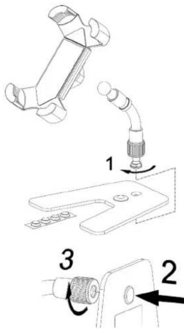 Technical diagram showing three-step assembly steps of a mechanical device with labeled parts and directional arrows