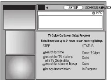 SETUP SCHEDULE SEARCH INFO TV Guide On Screen Setup Progress Note: If may take up to 24 hours to start receiving listings. STEP STATUS search for time Done: 7.31pm search for TV stations Done with TV Guide data search for channel lineup Done listings transmission In Progress