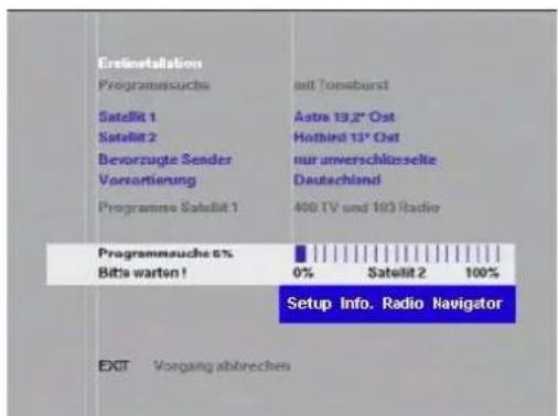 Erlöntstallation Programmssuchs Satiellit 1 Satiellit 2 Bevorzugte Sender Vorsortierung Programme Satellit 1 Programmeuche 0% Bittwarten! SETUP Info. Radio Navigator EXIT Vorgang abbrechen
