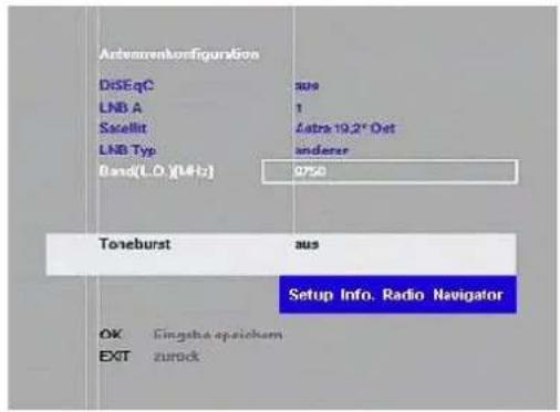Autoencoderconfiguration DiSEqC LNB A Satellit LNB Typ Band(L.D.) [14Hz] 200 1 Extra 19.2" Oct anderer Q750 Toreburst aus Setup Info. Radio Navigator OK Singshapazichem EXIT zurück
