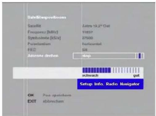 Satellite/Supervisionen Satellite Frequency [MHz] Synchrome [kS/s] Pulsification FEC Antenna drehen Latro 19.2" Out 11857 27500 horizontal 546 stop schwach gut Setup Info. Radio Navigator OK Pass spezialchem EXIT abgrenchem